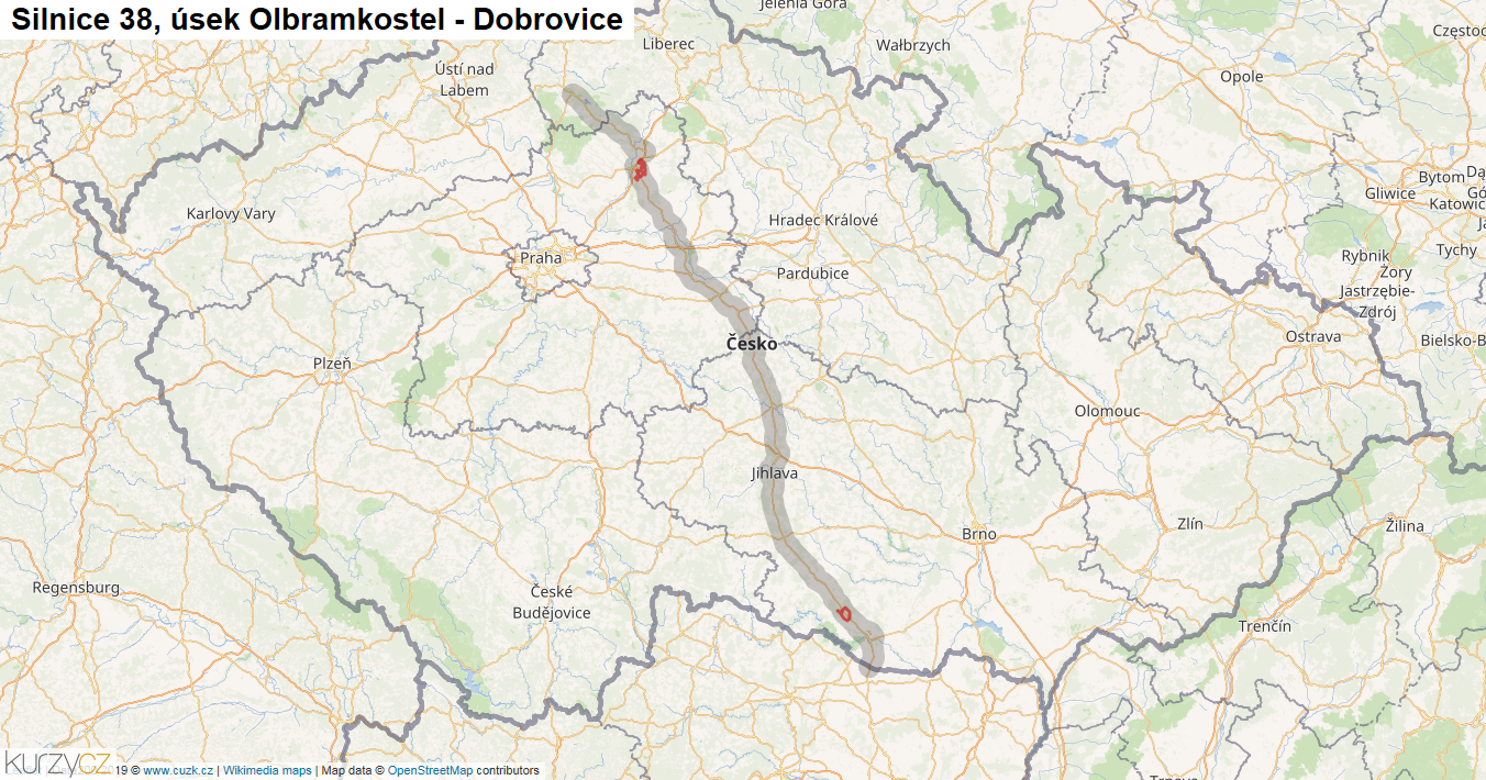Úsek Olbramkostel - Dobrovice, Silnice 38 - Mapa