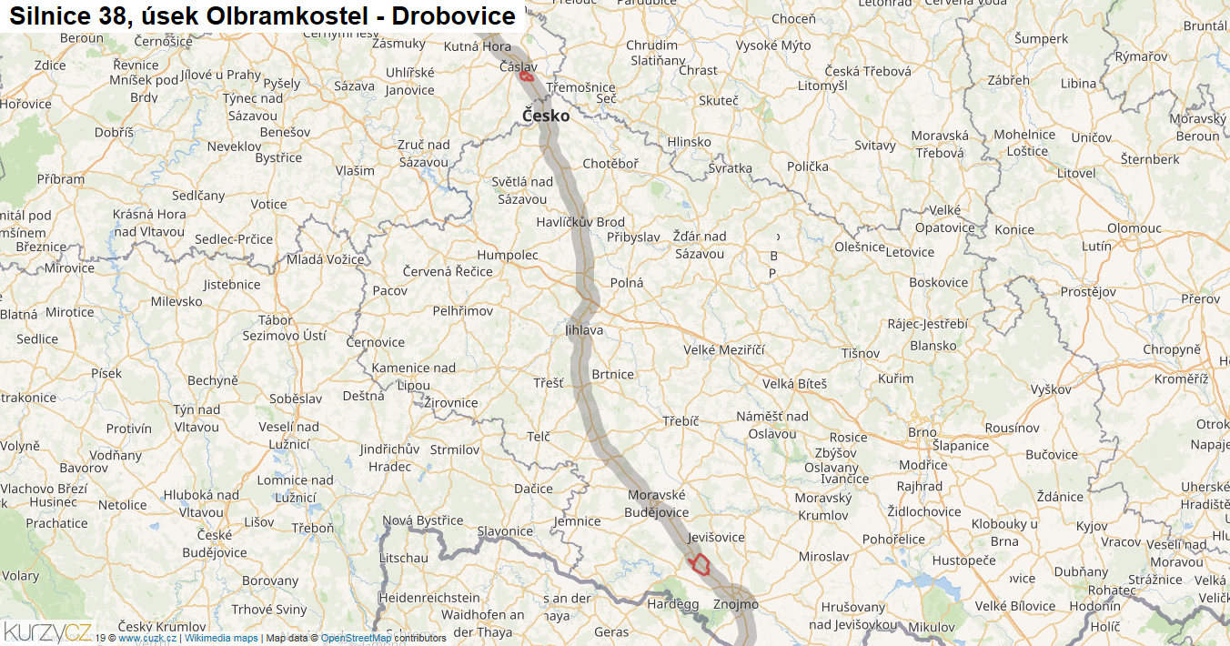 Úsek Olbramkostel - Drobovice, Silnice 38 - Mapa
