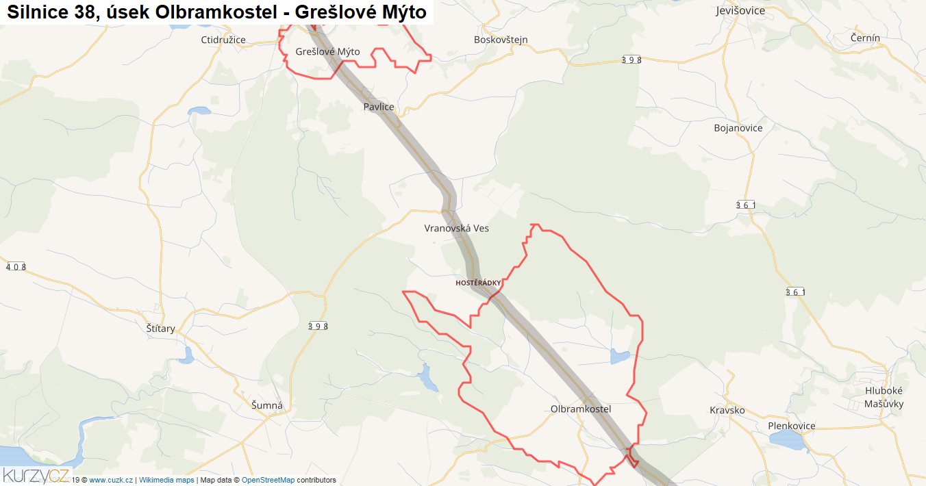 Úsek Olbramkostel - Grešlové Mýto, Silnice 38 - Mapa