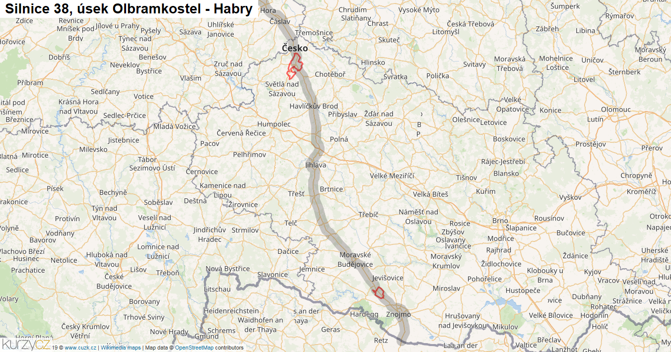 Úsek Olbramkostel - Habry, Silnice 38 - Mapa