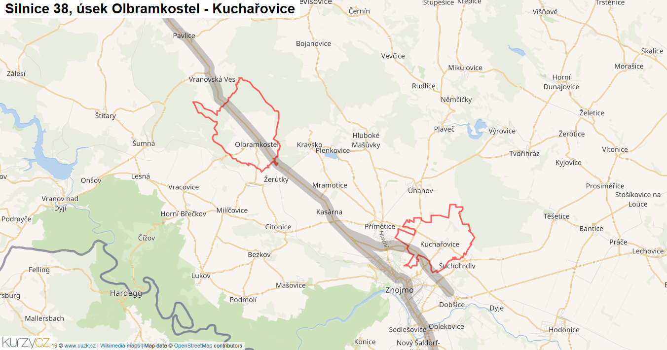 Úsek Olbramkostel - Kuchařovice, Silnice 38 - Mapa