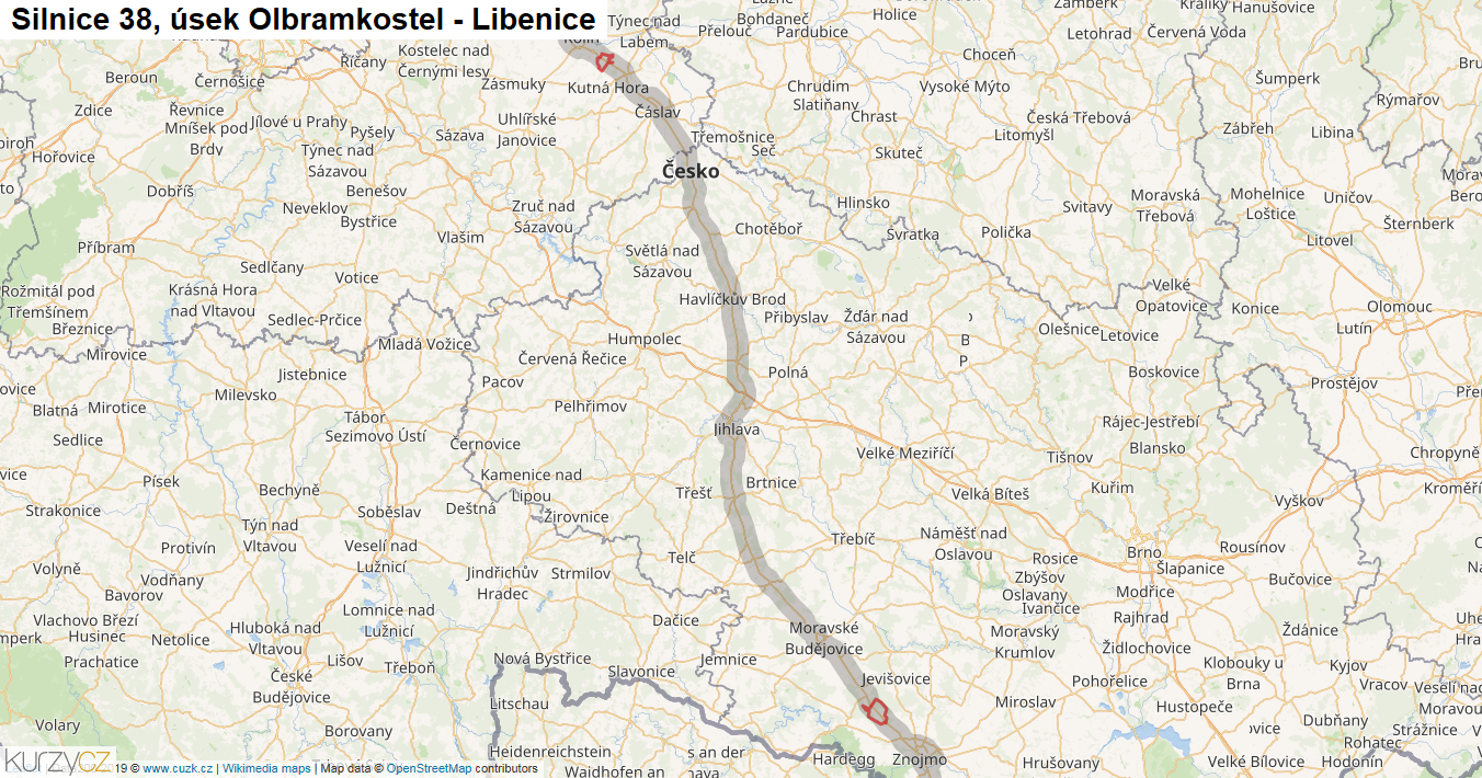 Úsek Olbramkostel - Libenice, Silnice 38 - Mapa