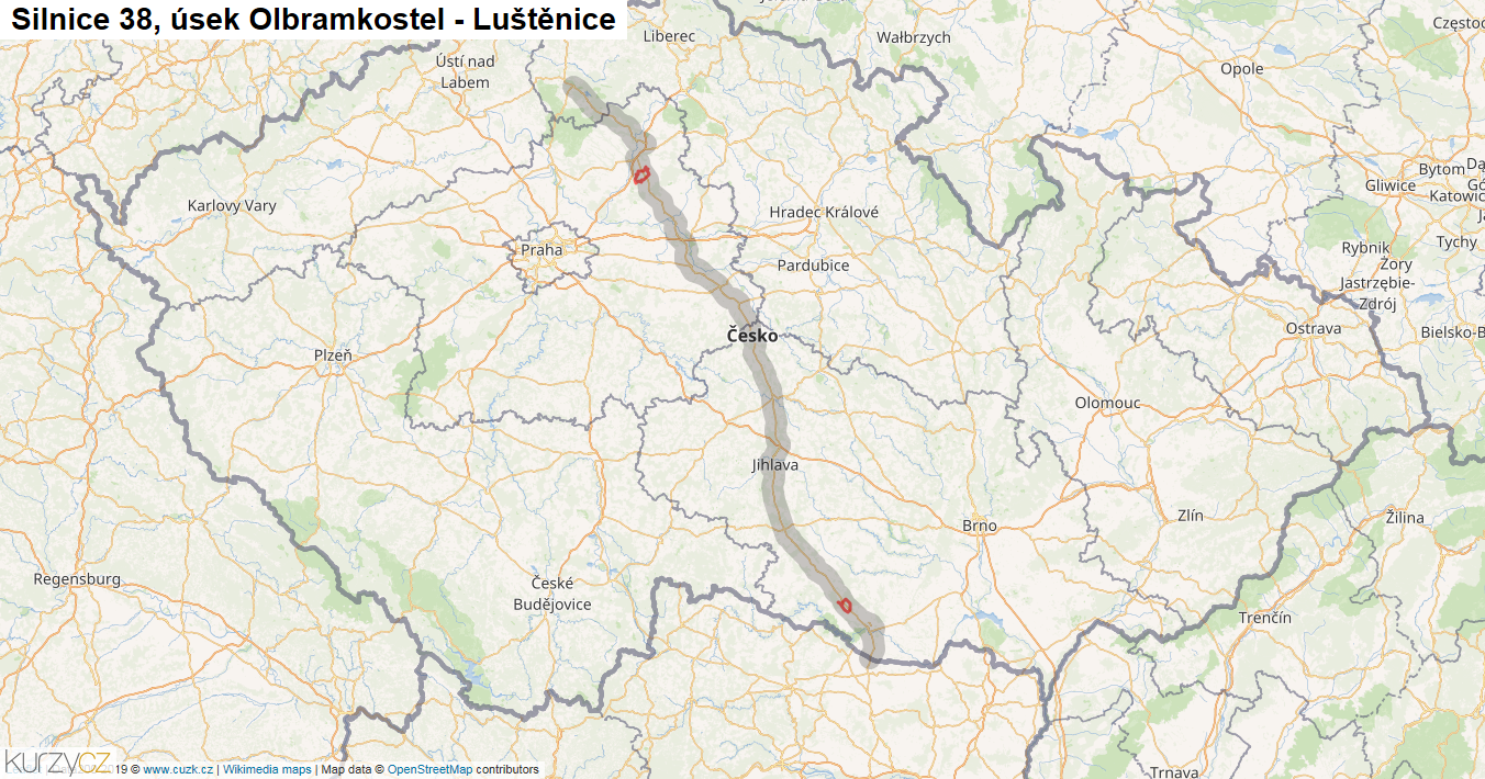 Úsek Olbramkostel - Luštěnice, Silnice 38 - Mapa