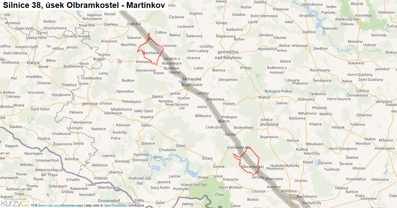 Úsek Olbramkostel - Martínkov, Silnice 38 - Mapa
