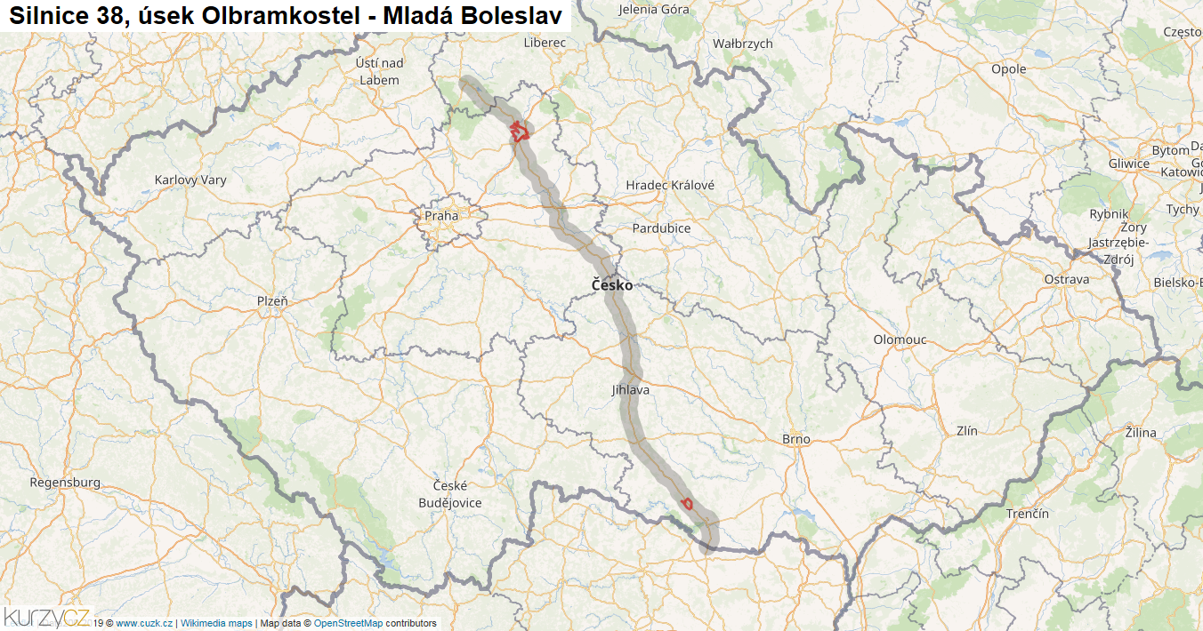 Úsek Olbramkostel - Mladá Boleslav, Silnice 38 - Mapa