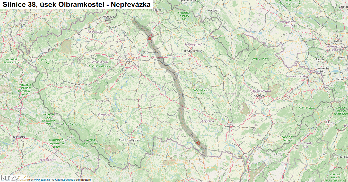 Úsek Olbramkostel - Nepřevázka, Silnice 38 - Mapa