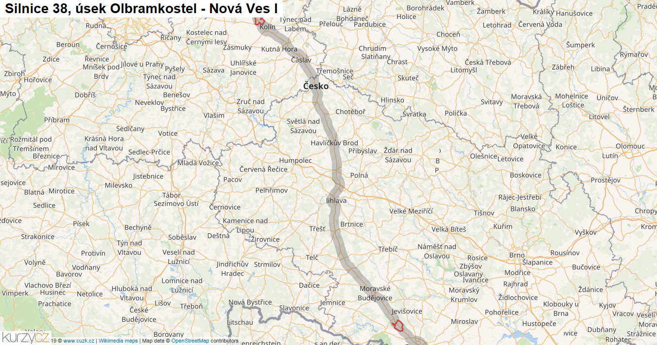 Úsek Olbramkostel - Nová Ves I, Silnice 38 - Mapa