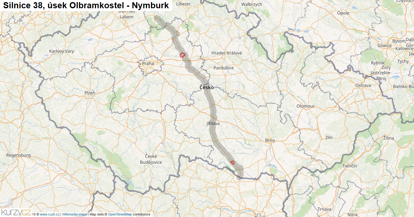 Úsek Olbramkostel - Nymburk, Silnice 38 - Mapa
