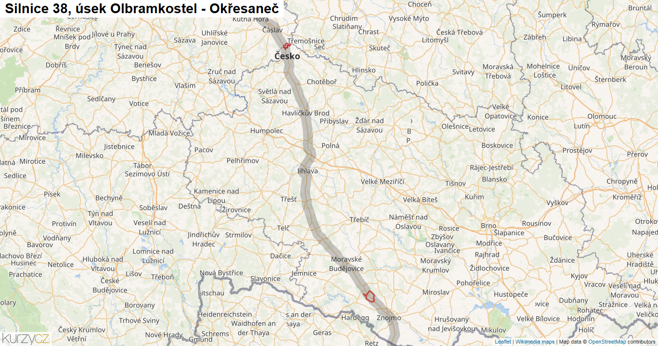 Úsek Olbramkostel - Okřesaneč, Silnice 38 - Mapa