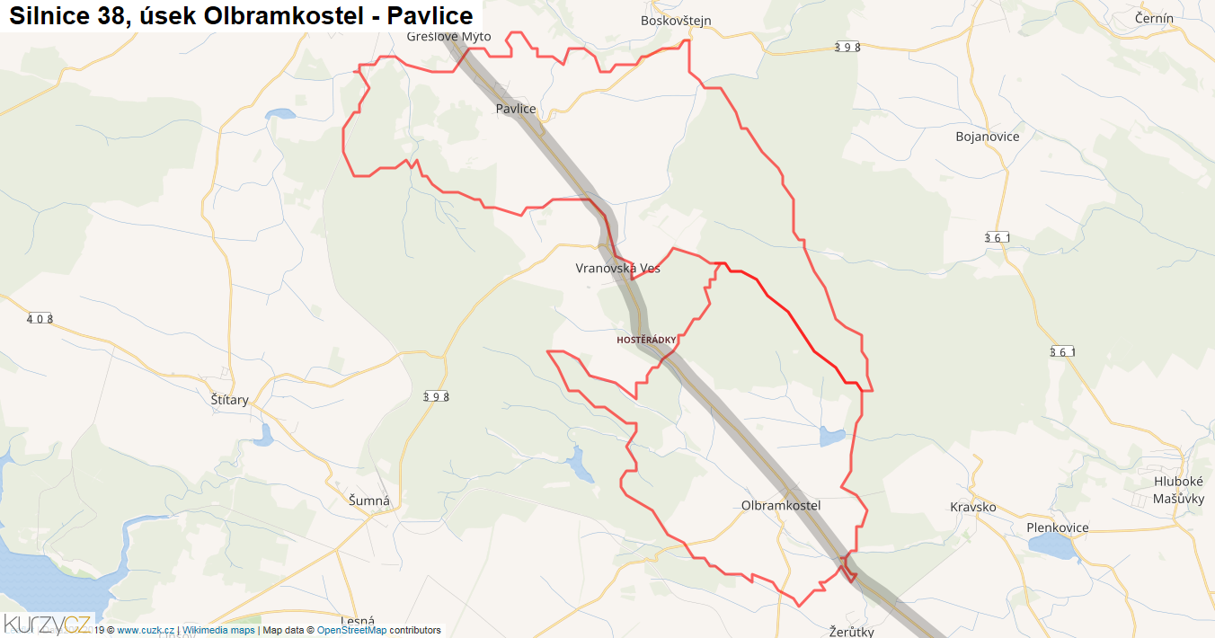 Úsek Olbramkostel - Pavlice, Silnice 38 - Mapa