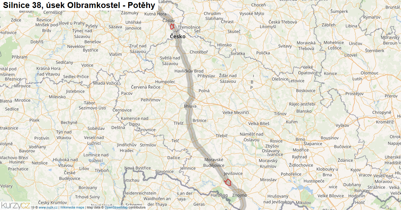 Úsek Olbramkostel - Potěhy, Silnice 38 - Mapa