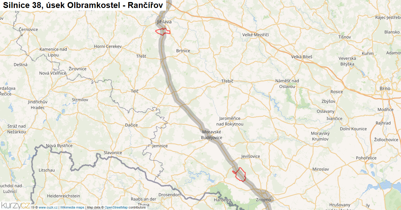 Úsek Olbramkostel - Rančířov, Silnice 38 - Mapa