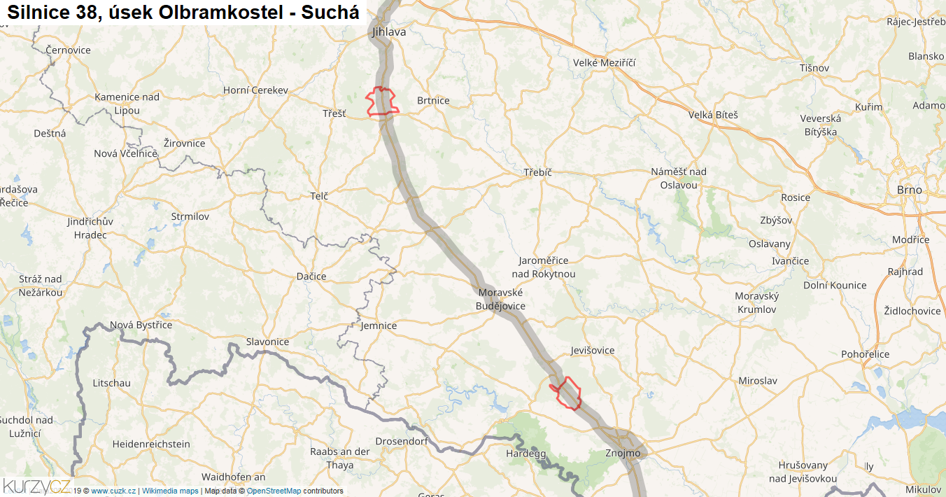 Úsek Olbramkostel - Suchá, Silnice 38 - Mapa