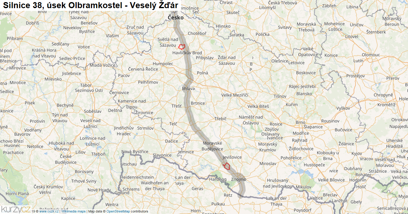 Úsek Olbramkostel - Veselý Žďár, Silnice 38 - Mapa