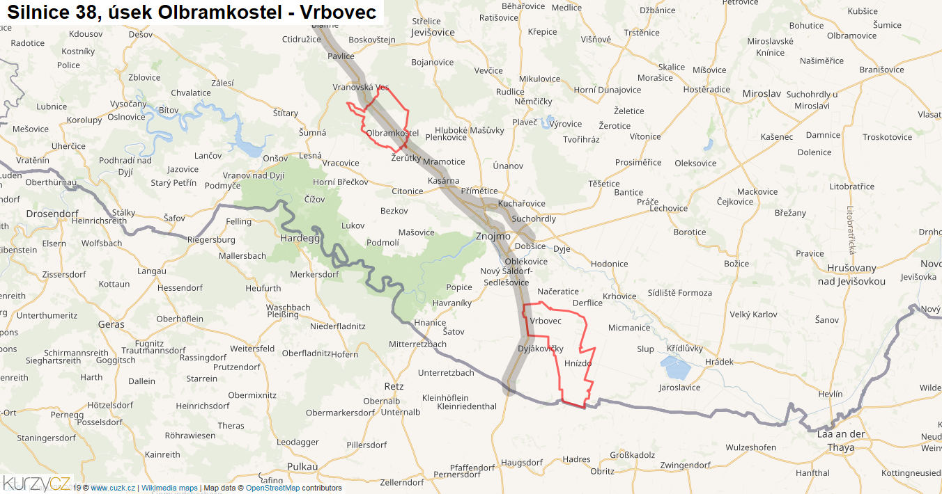 Úsek Olbramkostel - Vrbovec, Silnice 38 - Mapa
