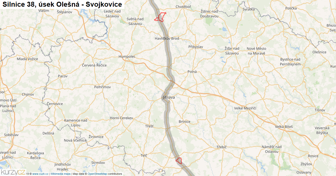 Úsek Olešná - Svojkovice, Silnice 38 - Mapa