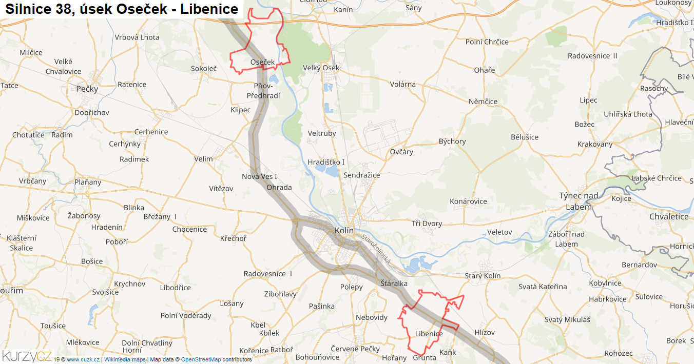 Úsek Oseček - Libenice, Silnice 38 - Mapa