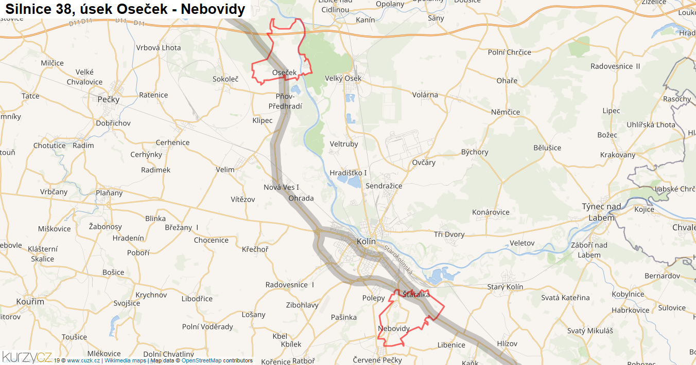 Úsek Oseček - Nebovidy, Silnice 38 - Mapa