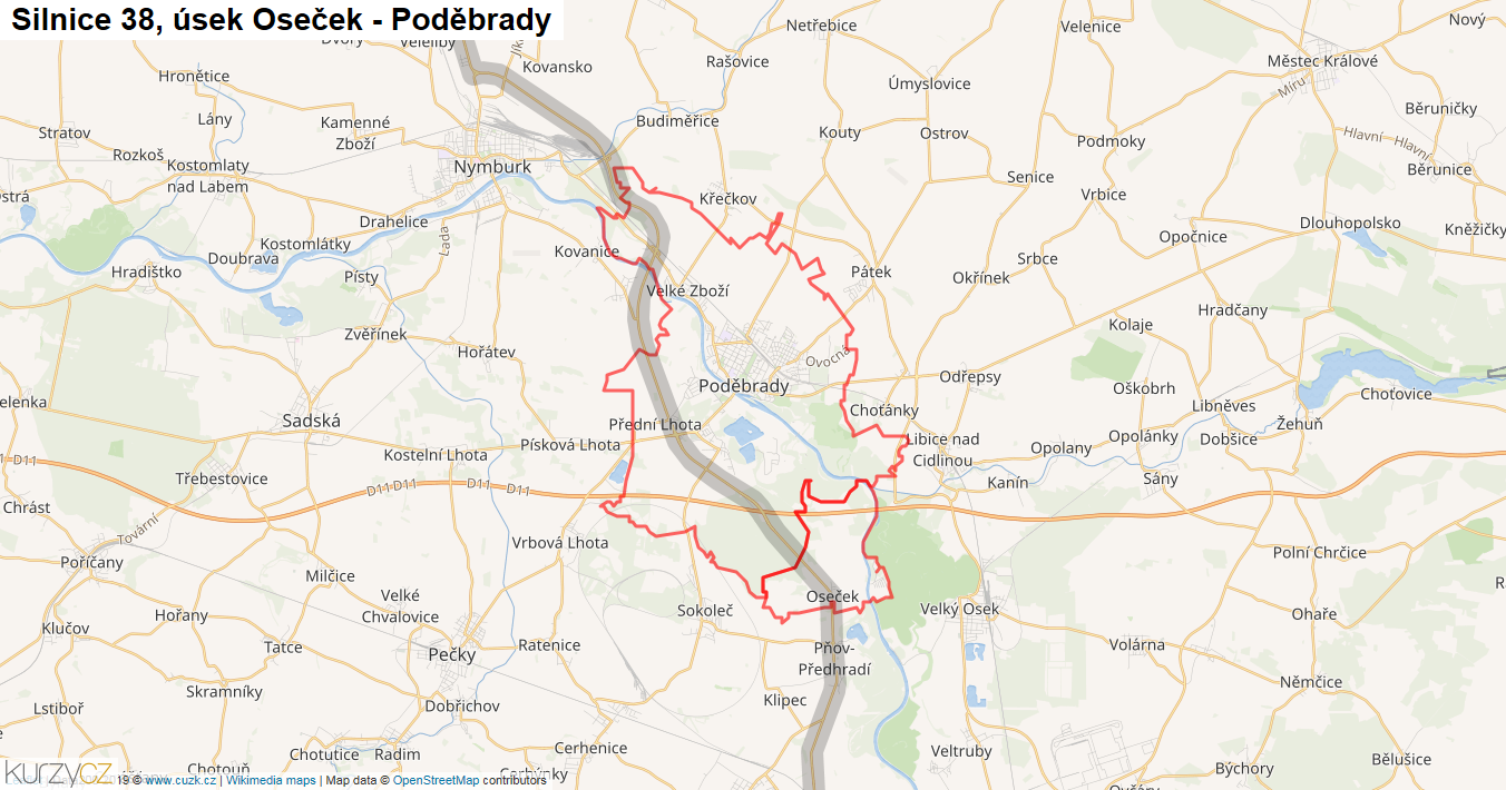 Úsek Oseček - Poděbrady, Silnice 38 - Mapa