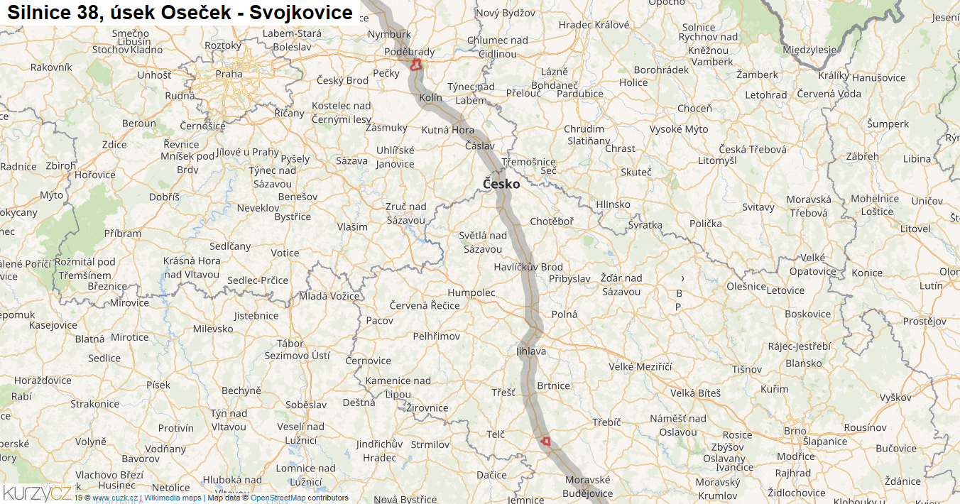 Úsek Oseček - Svojkovice, Silnice 38 - Mapa