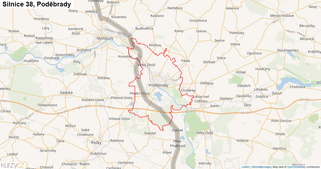 Poděbrady, Silnice 38 - Mapa