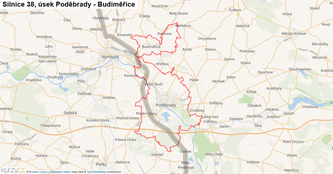 Úsek Poděbrady - Budiměřice, Silnice 38 - Mapa