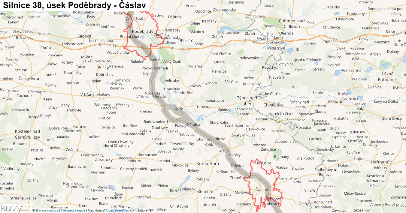Úsek Poděbrady - Čáslav, Silnice 38 - Mapa