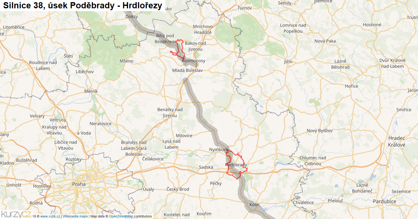 Úsek Poděbrady - Hrdlořezy, Silnice 38 - Mapa