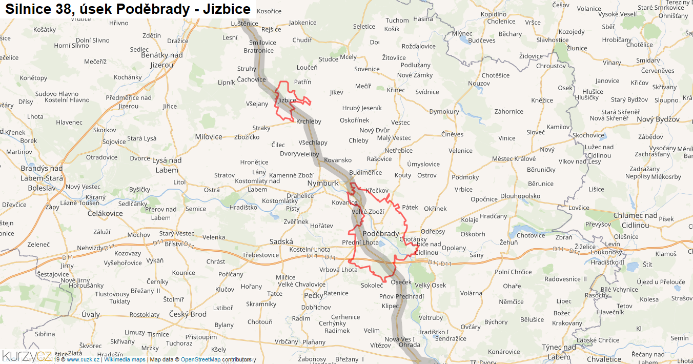 Úsek Poděbrady - Jizbice, Silnice 38 - Mapa