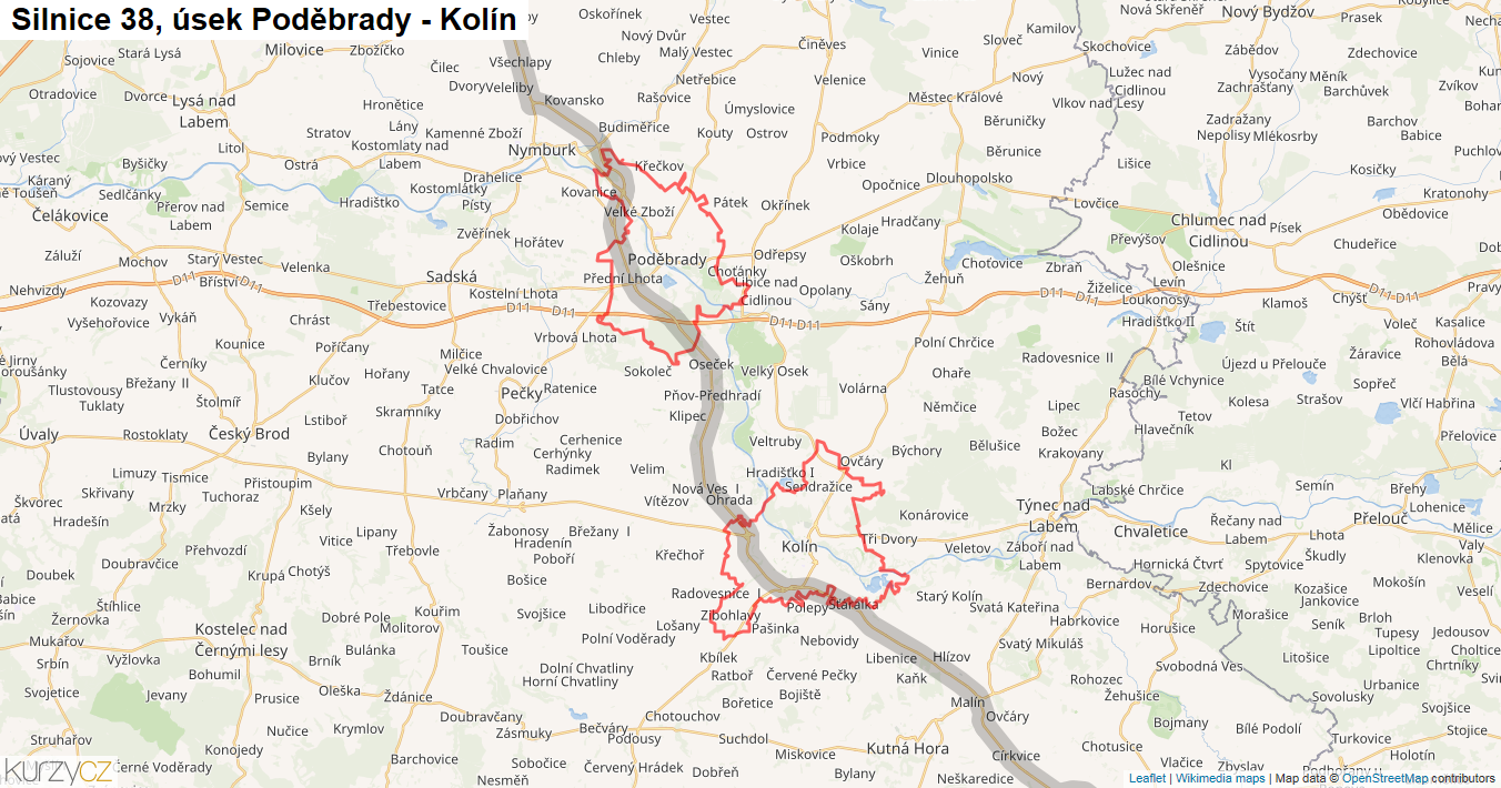 Úsek Poděbrady - Kolín, Silnice 38 - Mapa