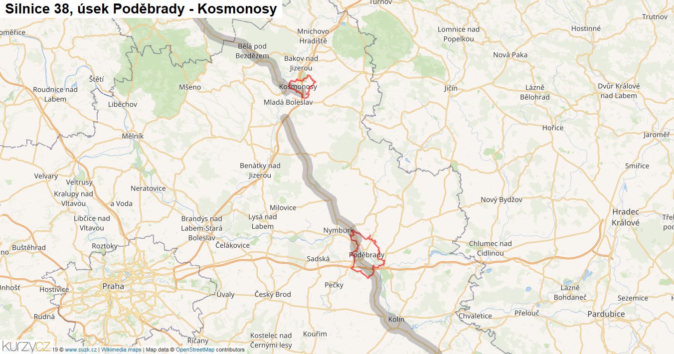 Úsek Poděbrady - Kosmonosy, Silnice 38 - Mapa