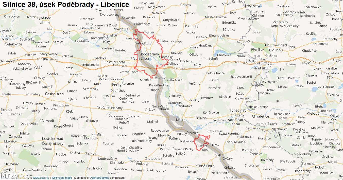 Úsek Poděbrady - Libenice, Silnice 38 - Mapa