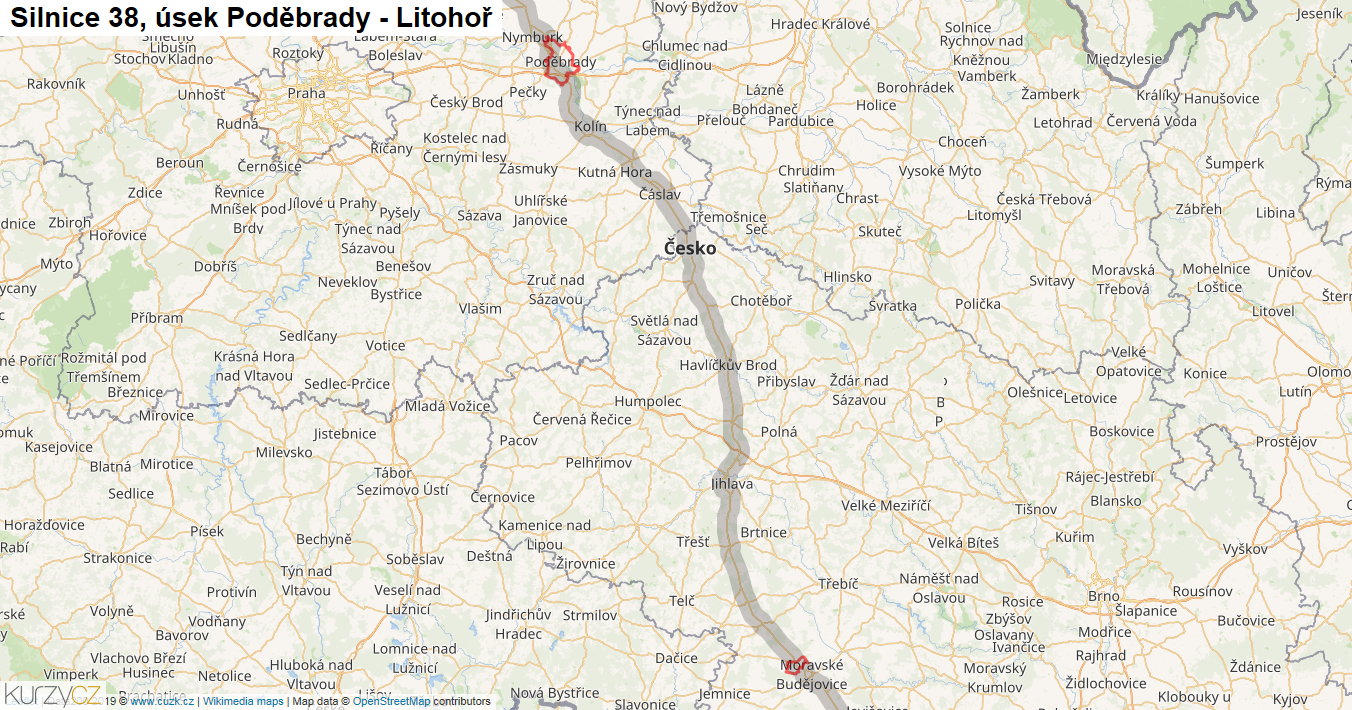 Úsek Poděbrady - Litohoř, Silnice 38 - Mapa