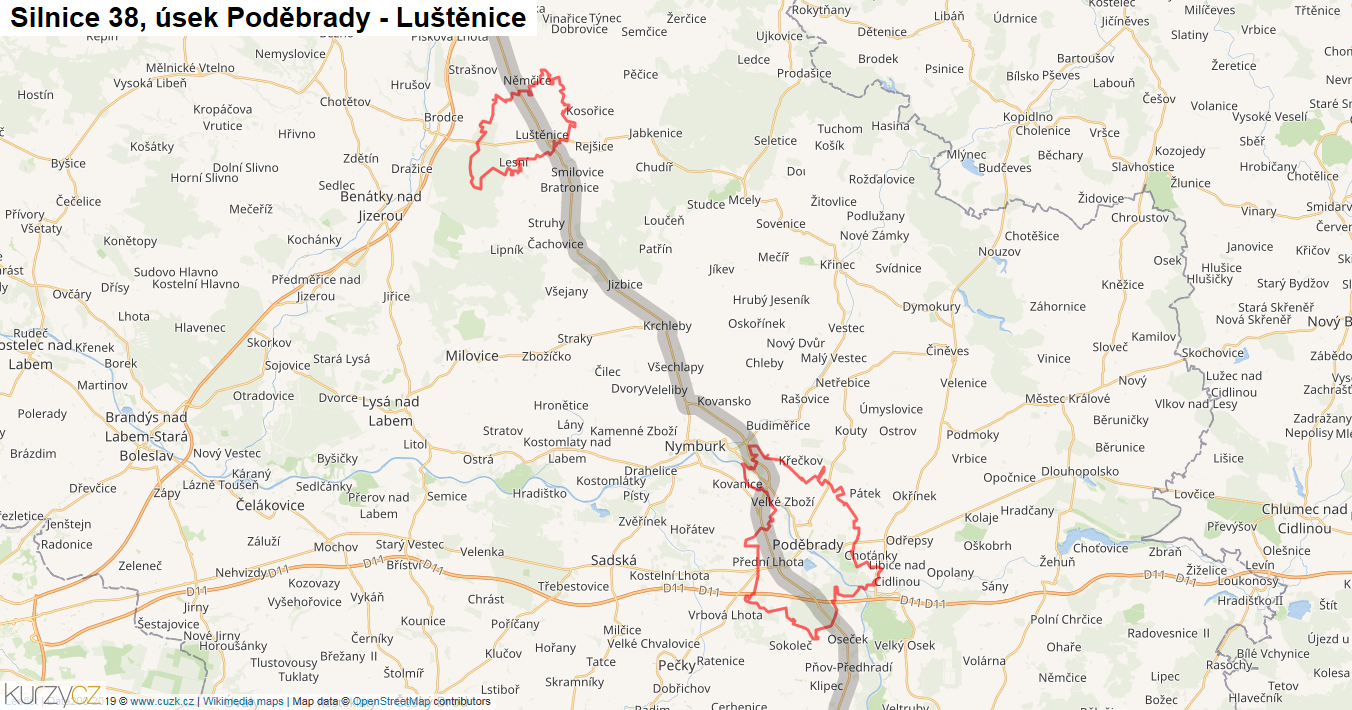 Úsek Poděbrady - Luštěnice, Silnice 38 - Mapa