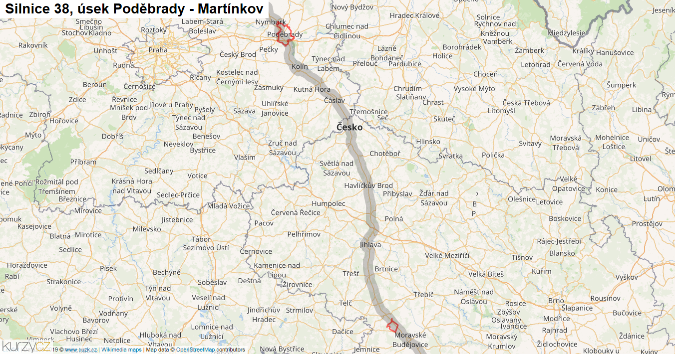 Úsek Poděbrady - Martínkov, Silnice 38 - Mapa