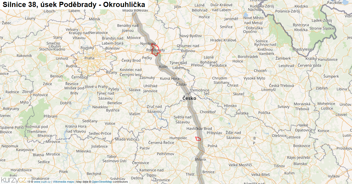Úsek Poděbrady - Okrouhlička, Silnice 38 - Mapa