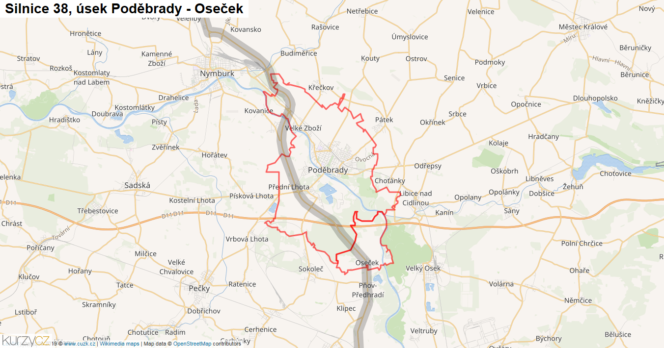 Úsek Poděbrady - Oseček, Silnice 38 - Mapa