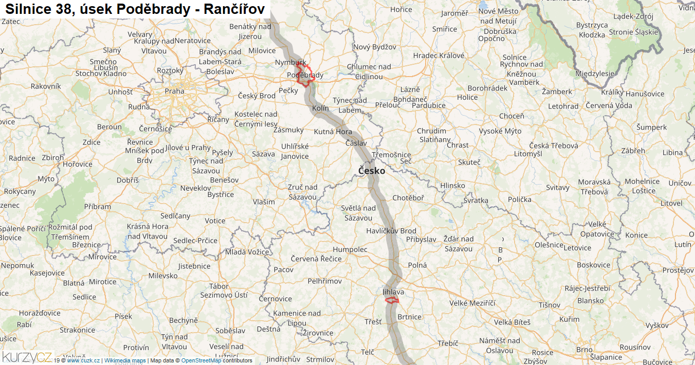 Úsek Poděbrady - Rančířov, Silnice 38 - Mapa