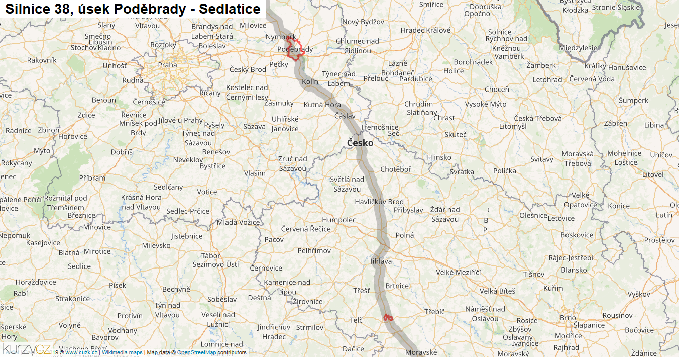 Úsek Poděbrady - Sedlatice, Silnice 38 - Mapa