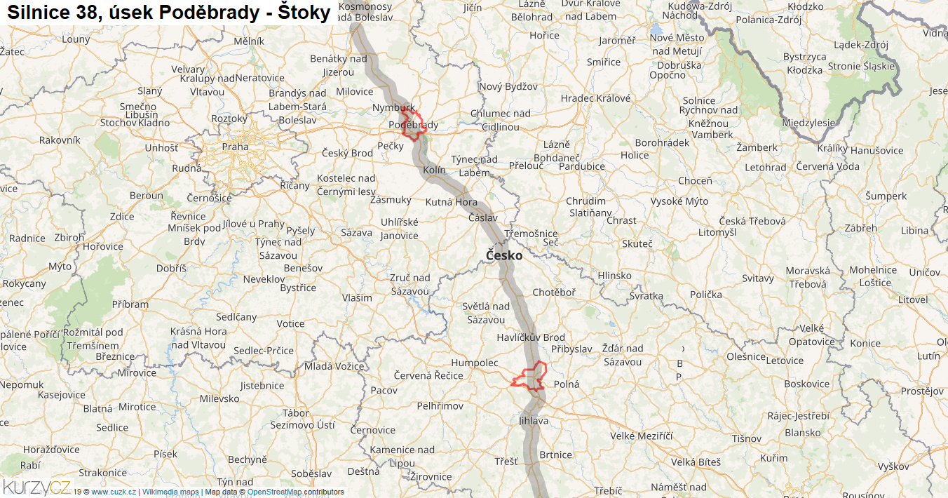 Úsek Poděbrady - Štoky, Silnice 38 - Mapa