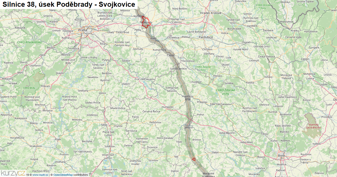 Úsek Poděbrady - Svojkovice, Silnice 38 - Mapa