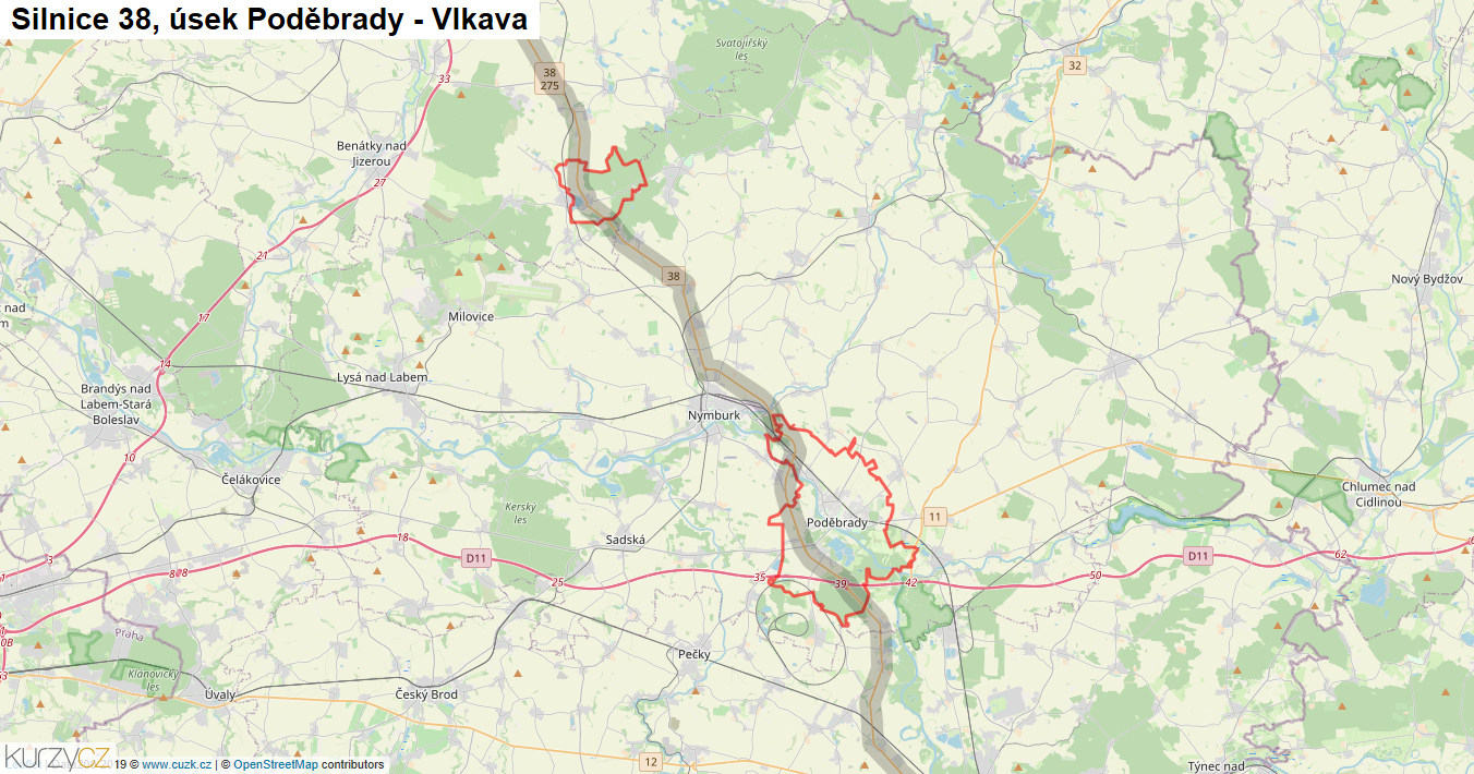 Úsek Poděbrady - Vlkava, Silnice 38 - Mapa