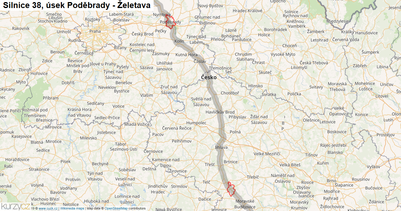 Úsek Poděbrady - Želetava, Silnice 38 - Mapa