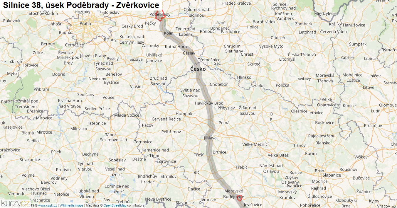 Úsek Poděbrady - Zvěrkovice, Silnice 38 - Mapa