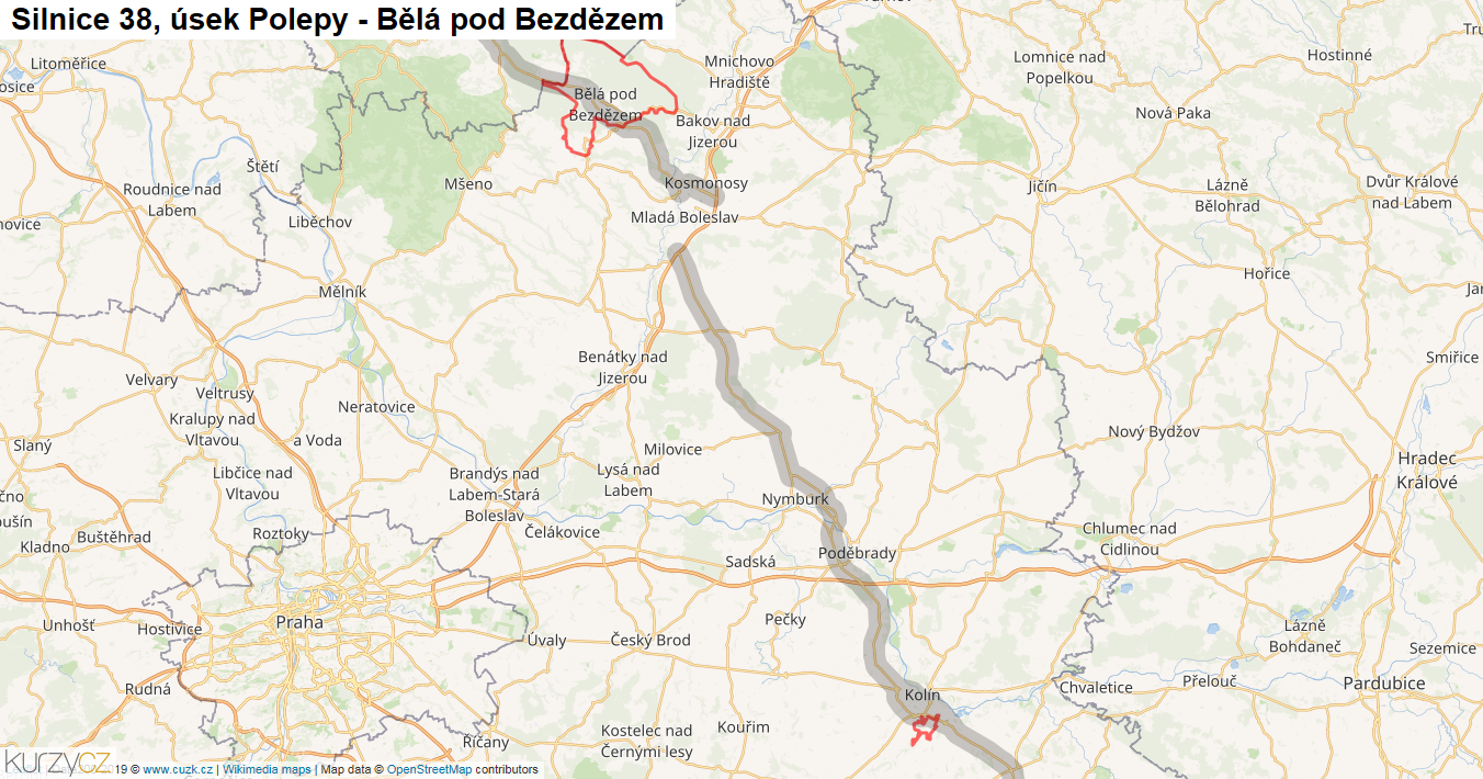 Úsek Polepy - Bělá pod Bezdězem, Silnice 38 - Mapa