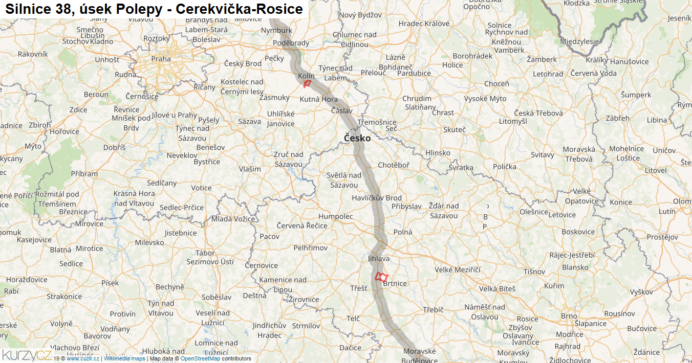 Úsek Polepy - Cerekvička-Rosice, Silnice 38 - Mapa