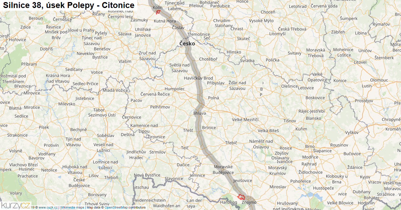 Úsek Polepy - Citonice, Silnice 38 - Mapa