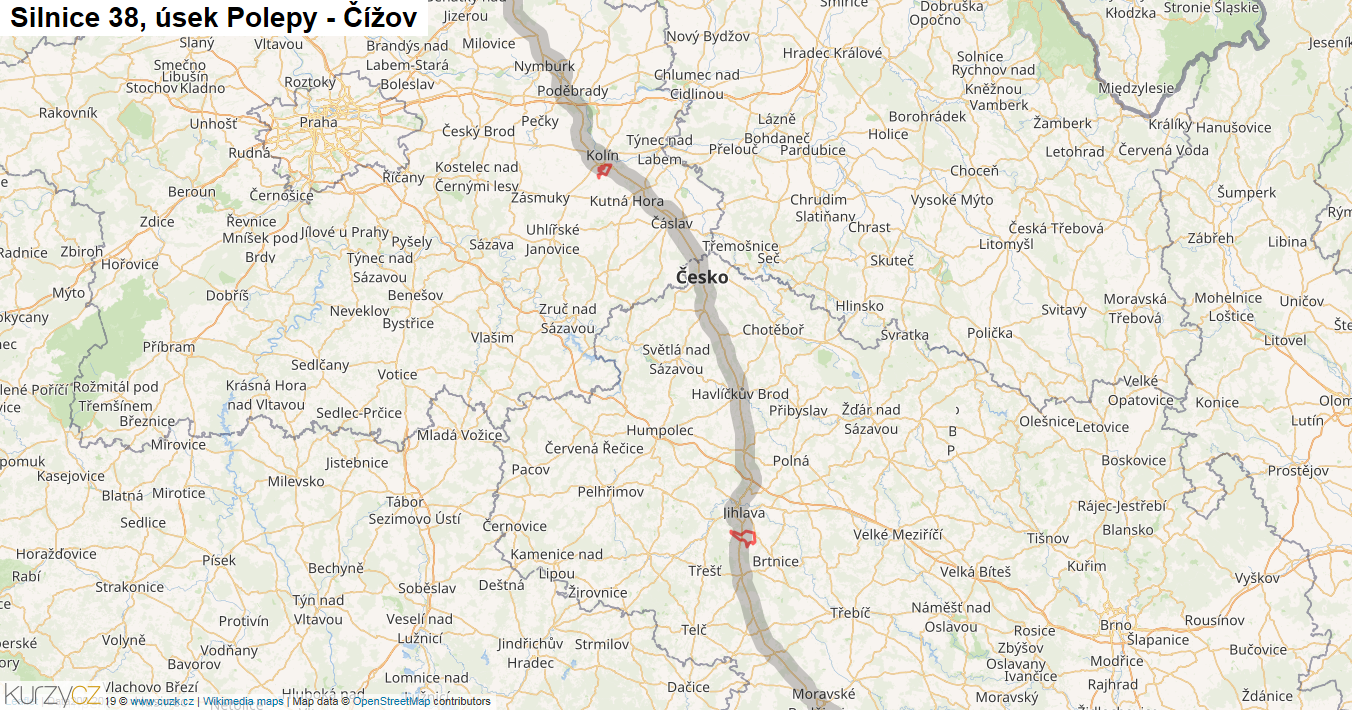 Úsek Polepy - Čížov, Silnice 38 - Mapa