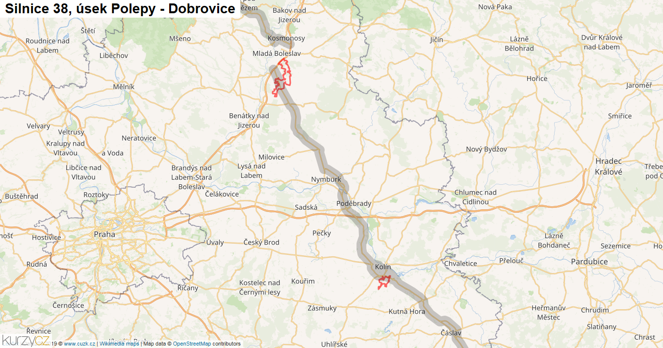 Úsek Polepy - Dobrovice, Silnice 38 - Mapa