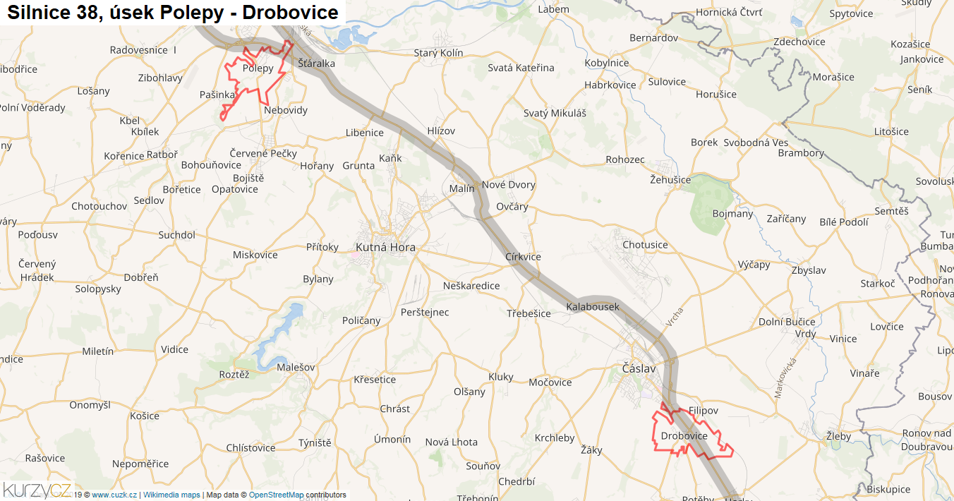Úsek Polepy - Drobovice, Silnice 38 - Mapa